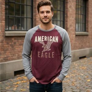 American Eagle Outfitters Men's Maroon and Gray Long Sleeve Tee